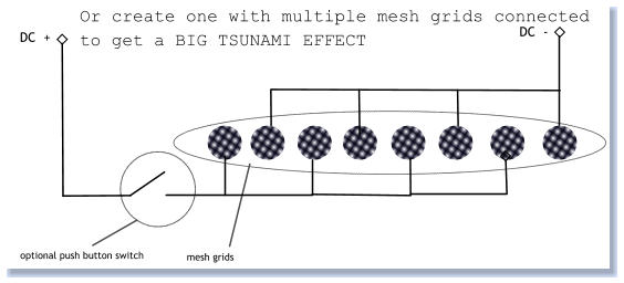 DC  + DC  - optional push button switch mesh grids Or create one with multiple mesh grids connected  to get a BIG TSUNAMI EFFECT